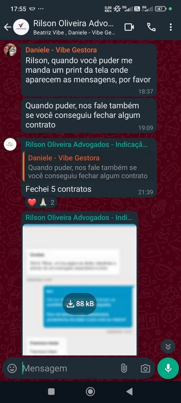 Print da conversa com Rilson Oliveira Advogados confirmando 5 contratos fechados