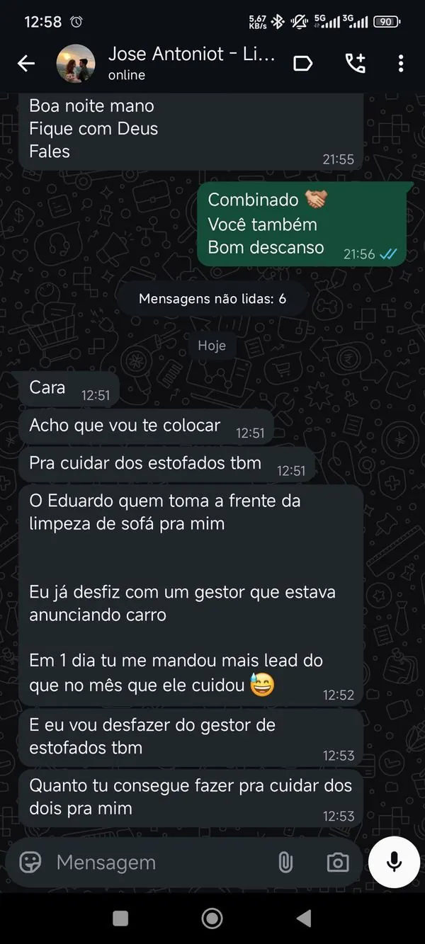 Print da conversa com José Antônio, do setor automotivo, comparando os leads de um dia com o mês do gestor anterior